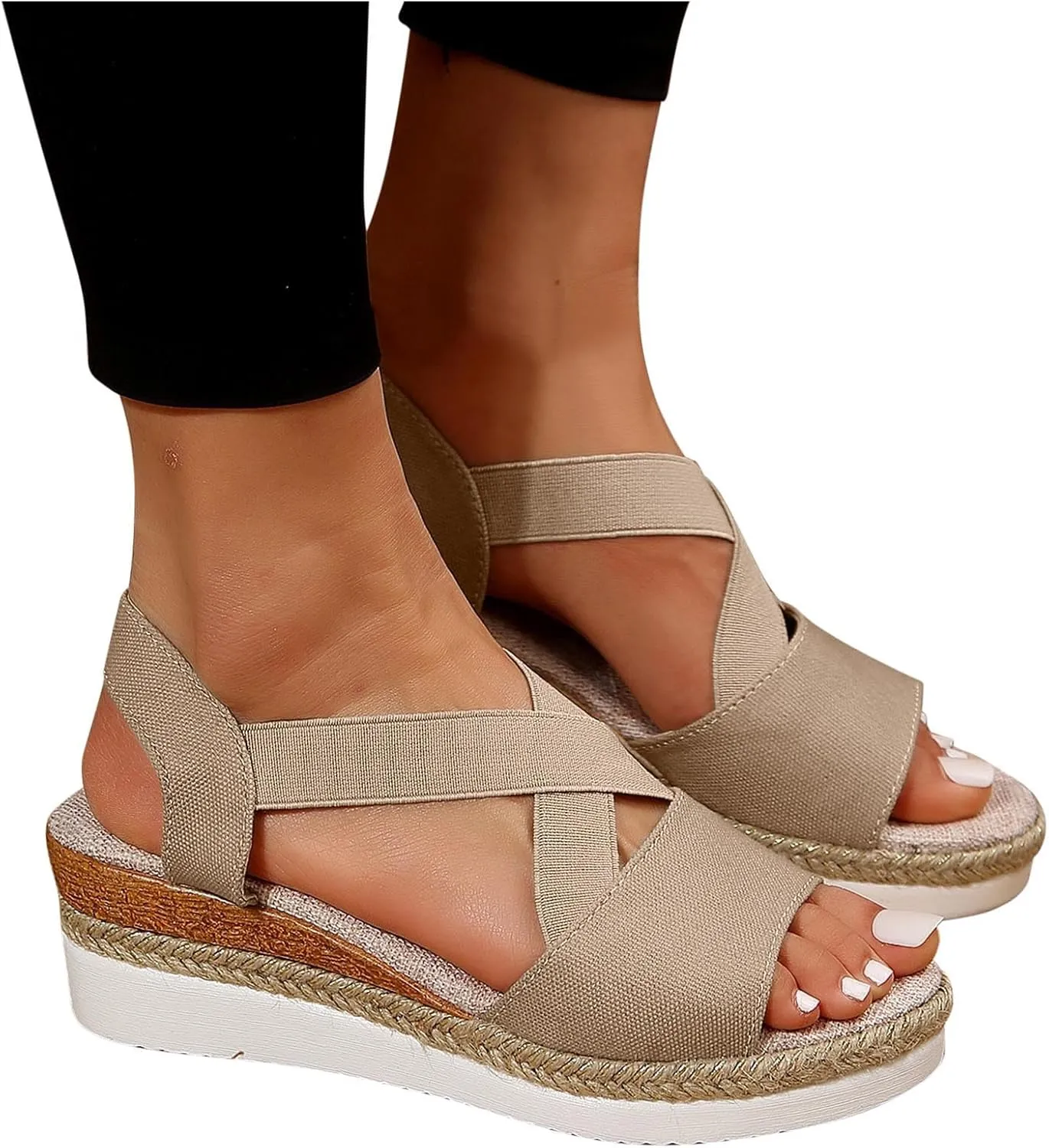Women's High Elastic Cross Sandal Thick Strappy Open Toe Shoe Stretch Platform Flat Solid Braided Flats