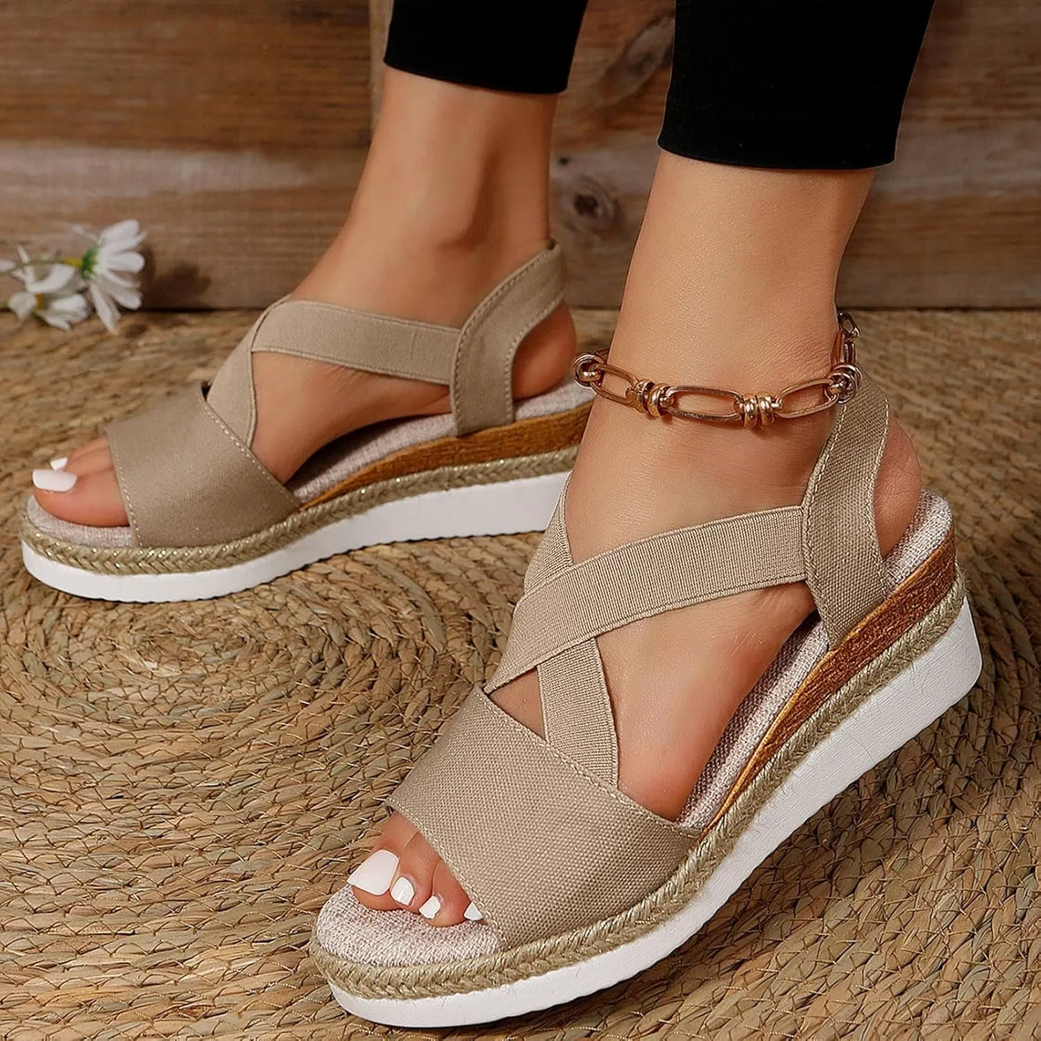 Women's High Elastic Cross Sandal Thick Strappy Open Toe Shoe Stretch Platform Flat Solid Braided Flats
