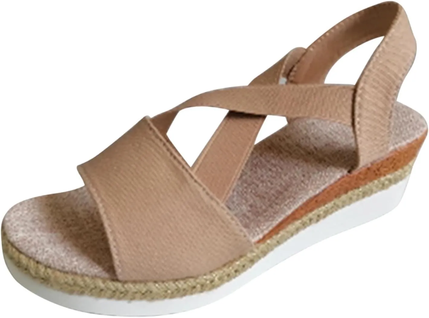 Women's High Elastic Cross Sandal Thick Strappy Open Toe Shoe Stretch Platform Flat Solid Braided Flats