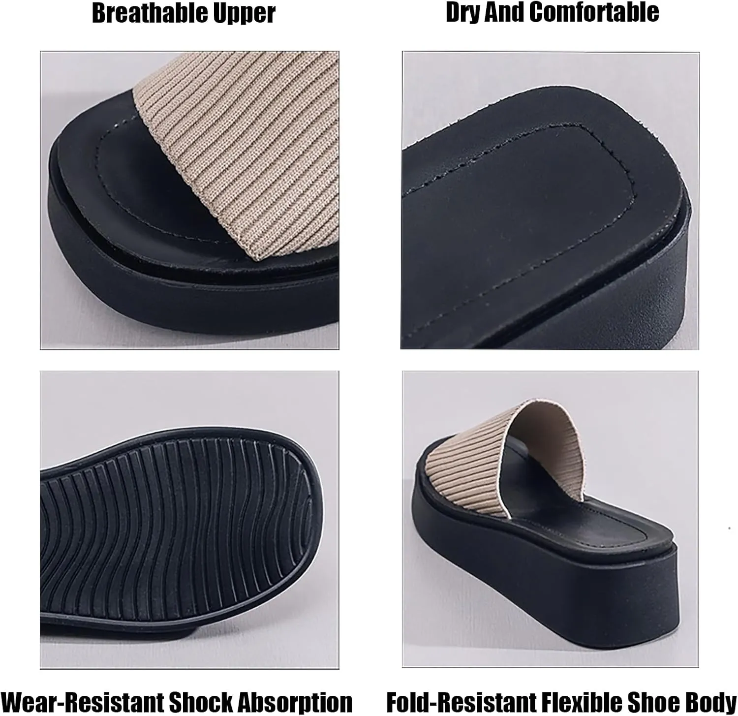 Women'S Knit Stretchy Platform Square Toe Slide Sandals Comfortable Breathable Open Toe Slip On Chunky Wedge Slippers Summer Casual Beach Walking Slippers