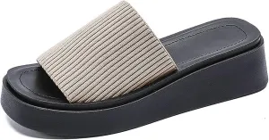 Women'S Knit Stretchy Platform Square Toe Slide Sandals Comfortable Breathable Open Toe Slip On Chunky Wedge Slippers Summer Casual Beach Walking Slippers