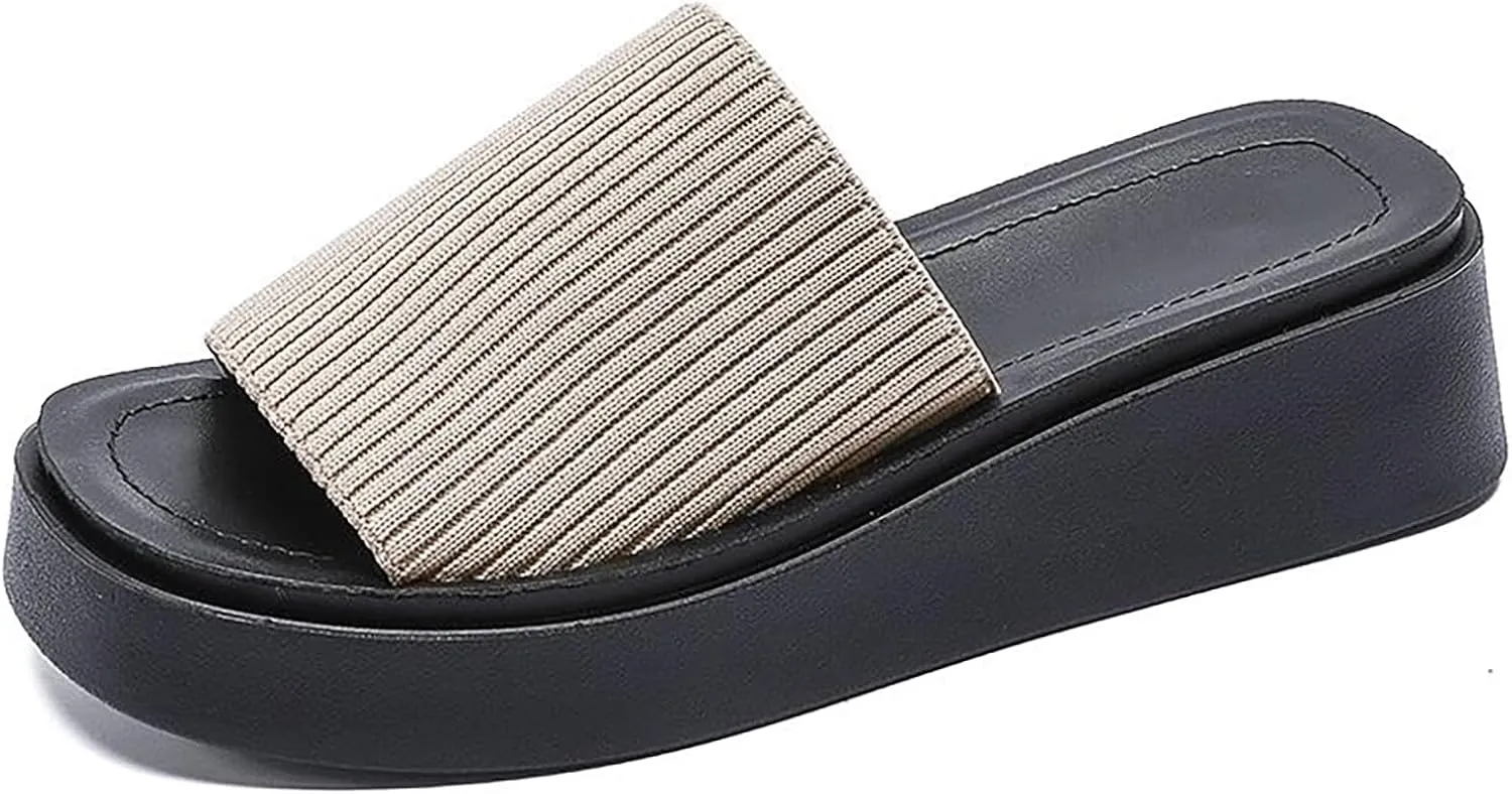 Women'S Knit Stretchy Platform Square Toe Slide Sandals Comfortable Breathable Open Toe Slip On Chunky Wedge Slippers Summer Casual Beach Walking Slippers