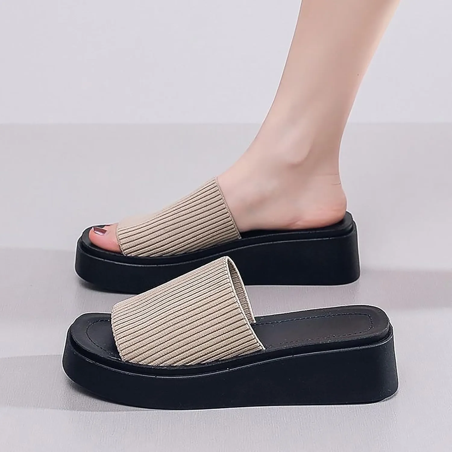 Women'S Knit Stretchy Platform Square Toe Slide Sandals Comfortable Breathable Open Toe Slip On Chunky Wedge Slippers Summer Casual Beach Walking Slippers