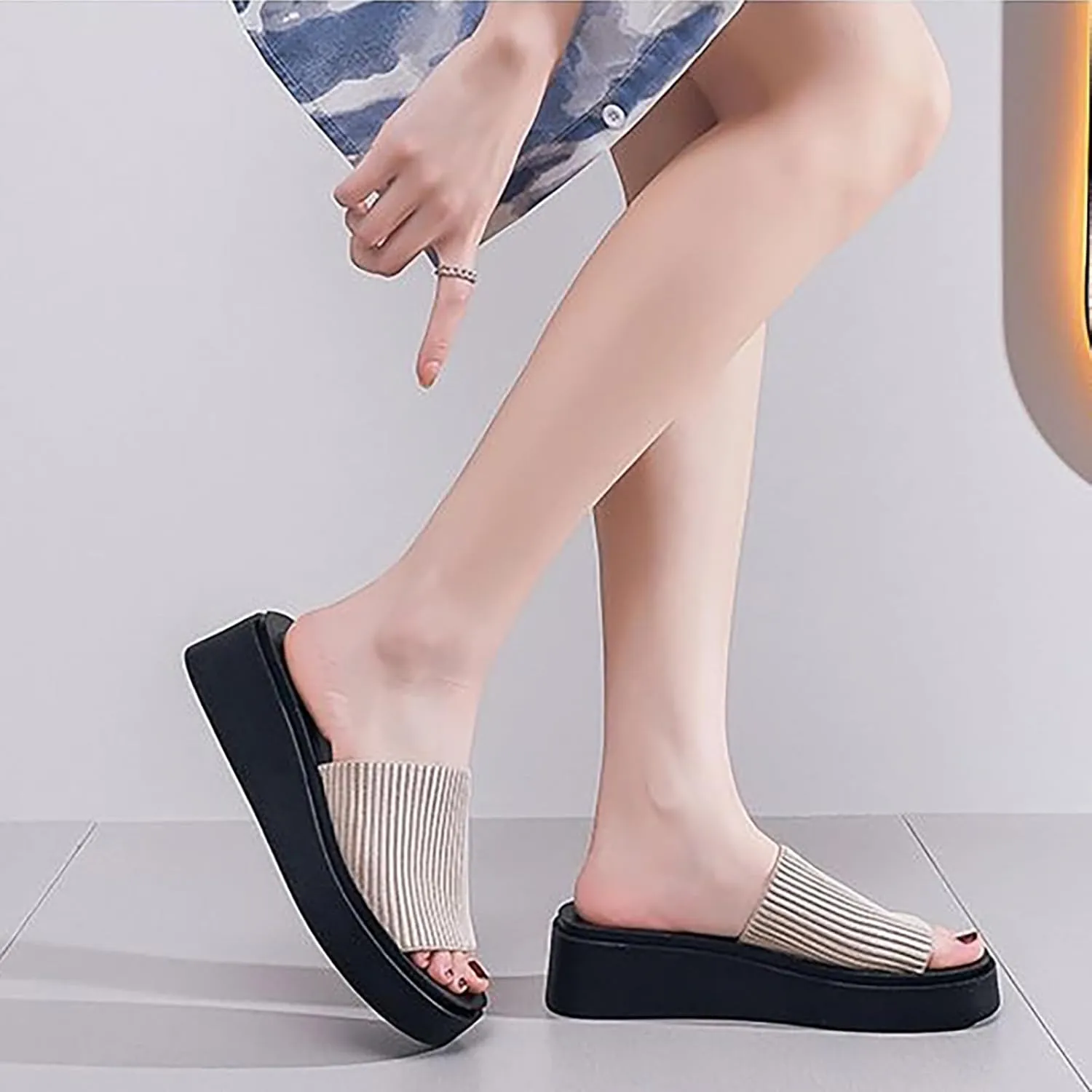 Women'S Knit Stretchy Platform Square Toe Slide Sandals Comfortable Breathable Open Toe Slip On Chunky Wedge Slippers Summer Casual Beach Walking Slippers