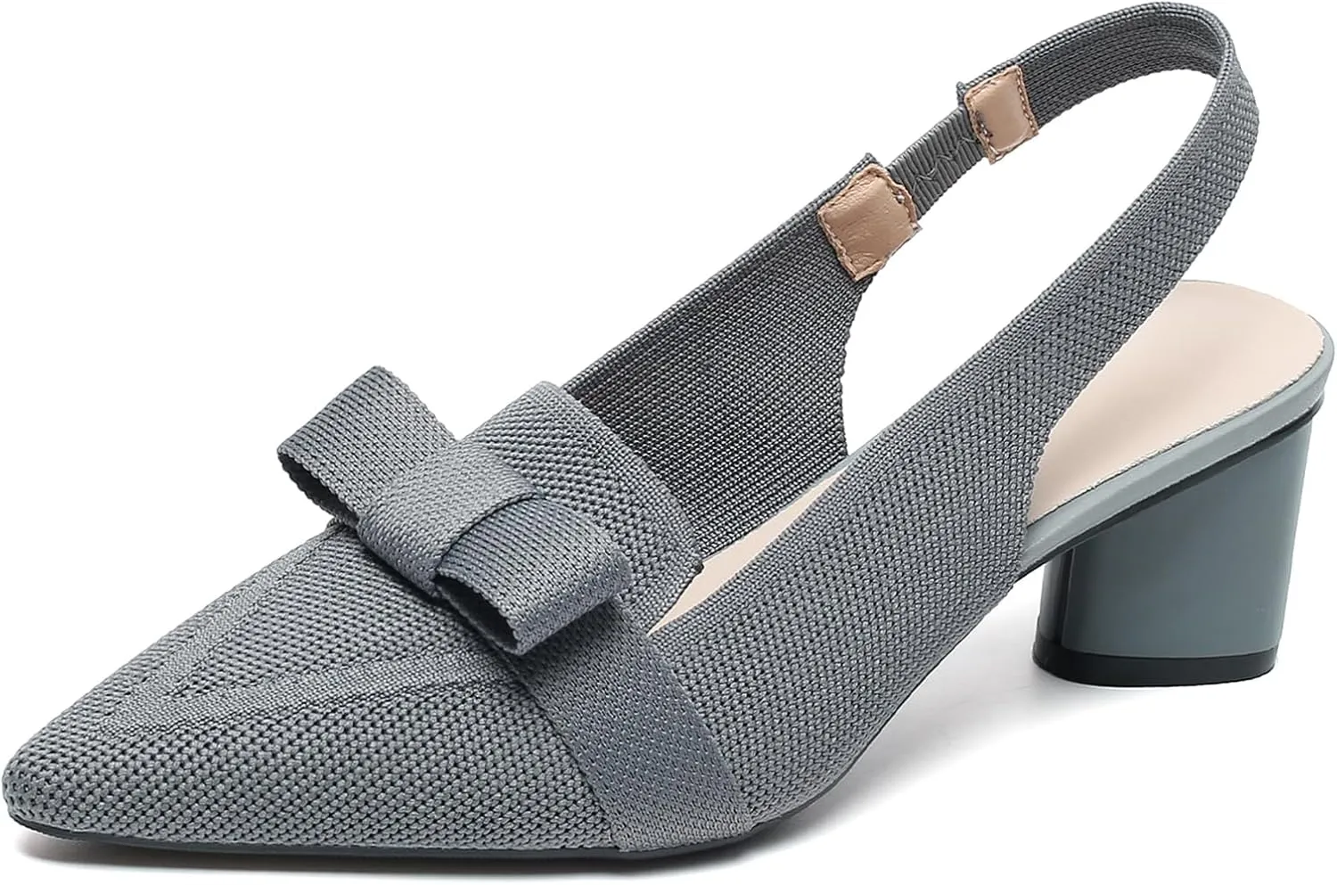Women's Knitted Bow Slingback Chunky Heel Pumps Closed Pointed Toe Slip On Low Block Heels Daily Work Office Dress Shoes