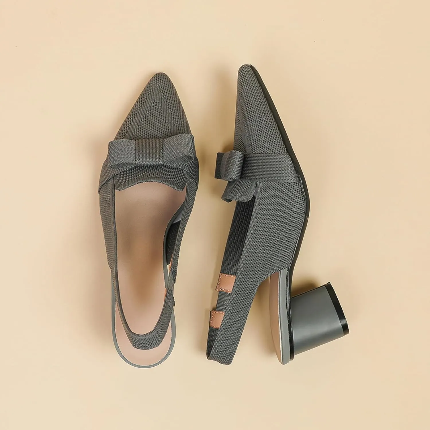 Women's Knitted Bow Slingback Chunky Heel Pumps Closed Pointed Toe Slip On Low Block Heels Daily Work Office Dress Shoes