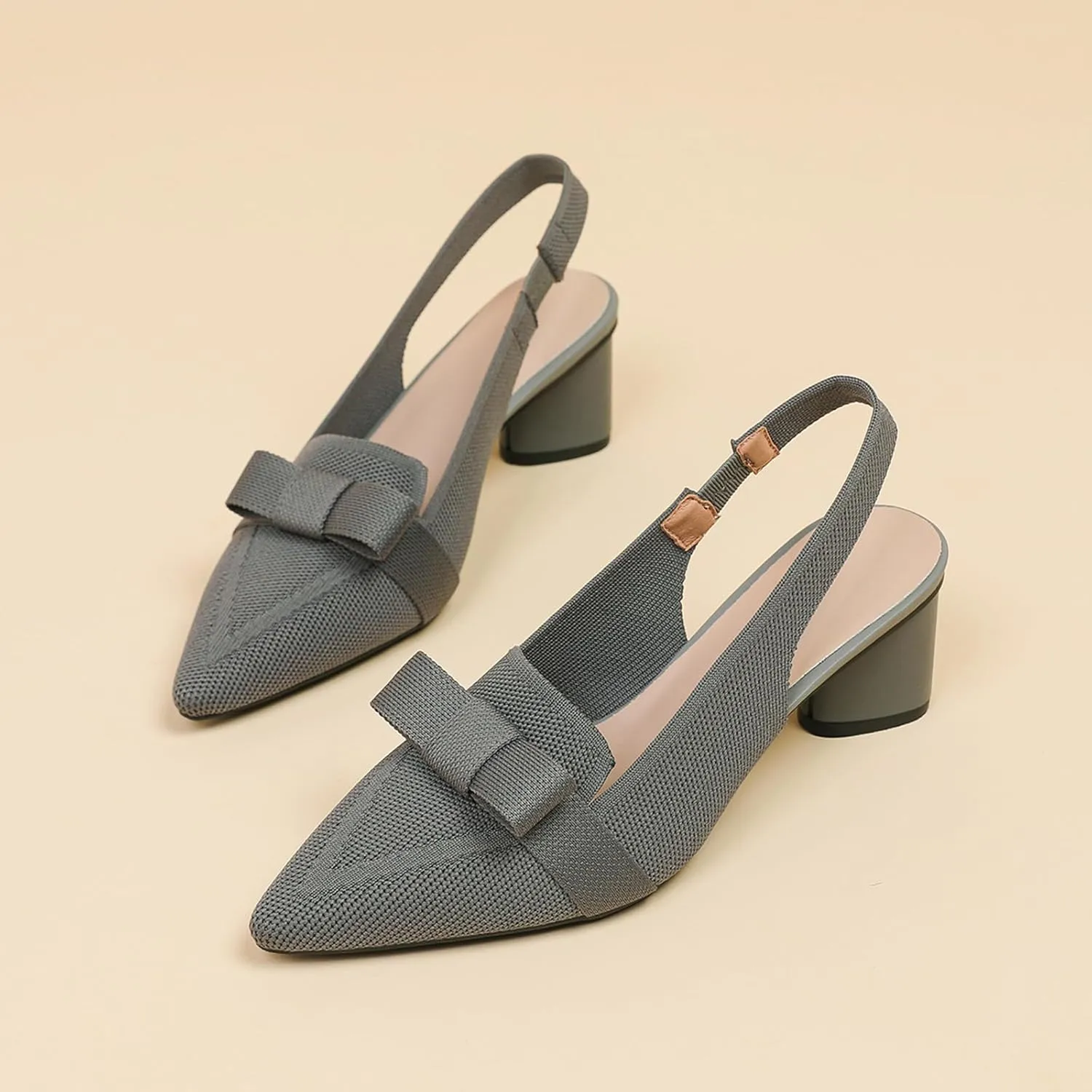Women's Knitted Bow Slingback Chunky Heel Pumps Closed Pointed Toe Slip On Low Block Heels Daily Work Office Dress Shoes