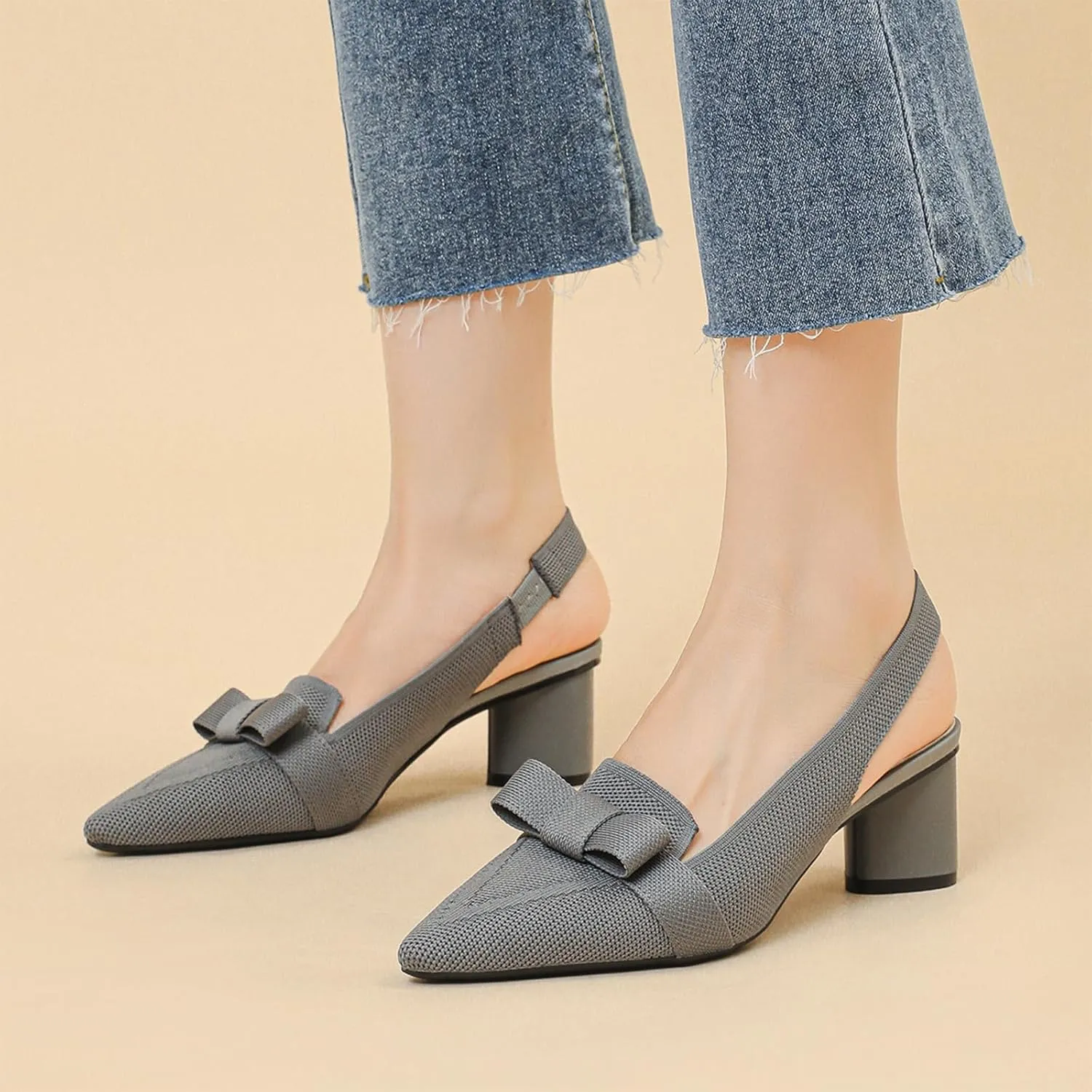 Women's Knitted Bow Slingback Chunky Heel Pumps Closed Pointed Toe Slip On Low Block Heels Daily Work Office Dress Shoes
