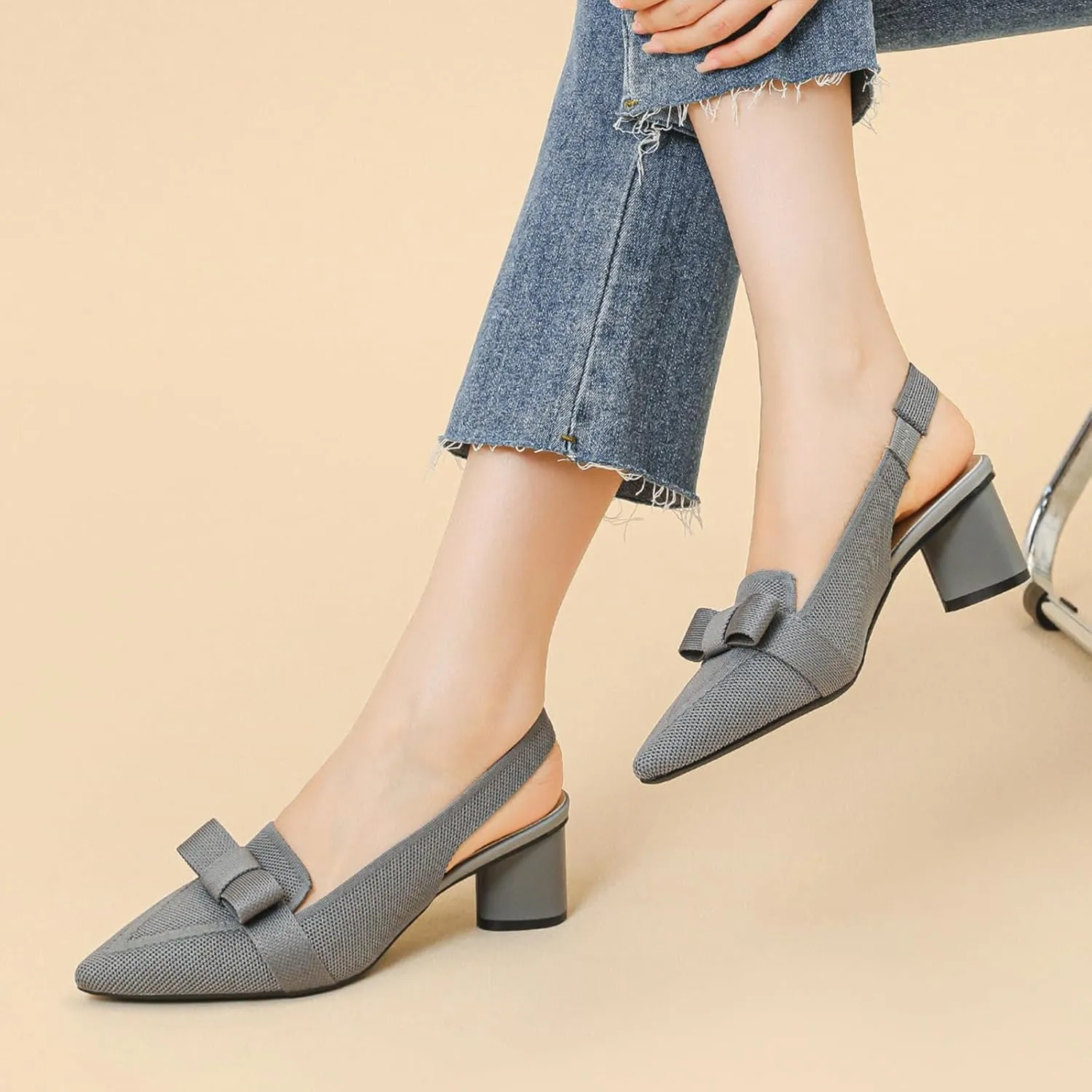 Women's Knitted Bow Slingback Chunky Heel Pumps Closed Pointed Toe Slip On Low Block Heels Daily Work Office Dress Shoes