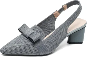 Women's Knitted Bow Slingback Chunky Heel Pumps Closed Pointed Toe Slip On Low Block Heels Daily Work Office Dress Shoes