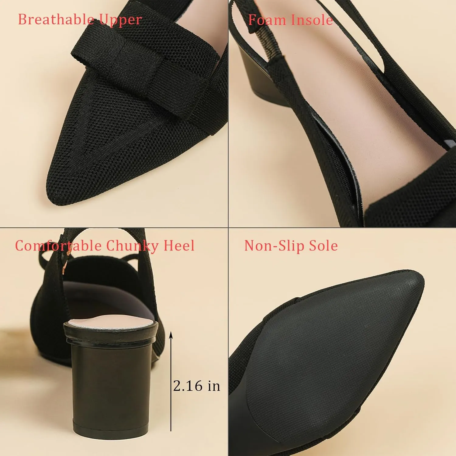 Women's Knitted Bow Slingback Chunky Heel Pumps Closed Pointed Toe Slip On Low Block Heels Daily Work Office Dress Shoes