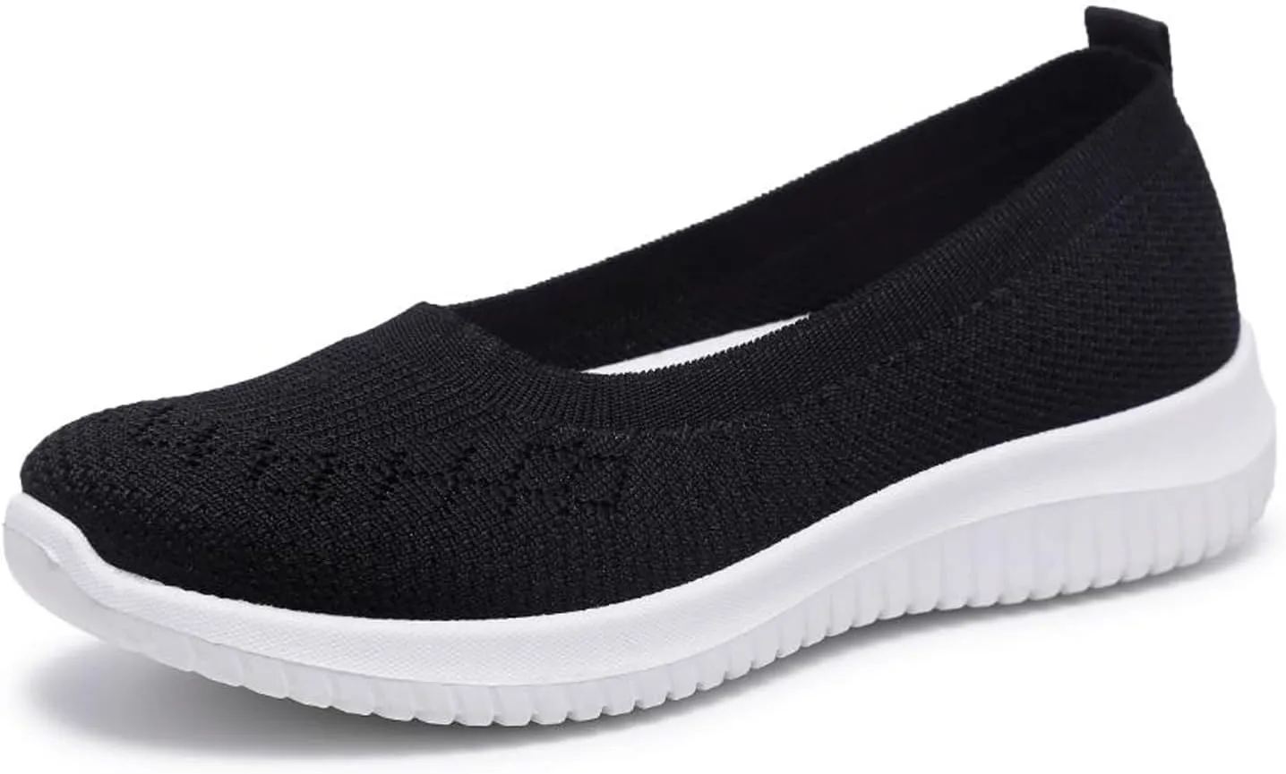 Women’s Knitted Flat Walking Shoes Comfortable Slip On Mesh Lightweight Low Heel Sneakers Casual Soft Gym Nurse Work Mom Loafers