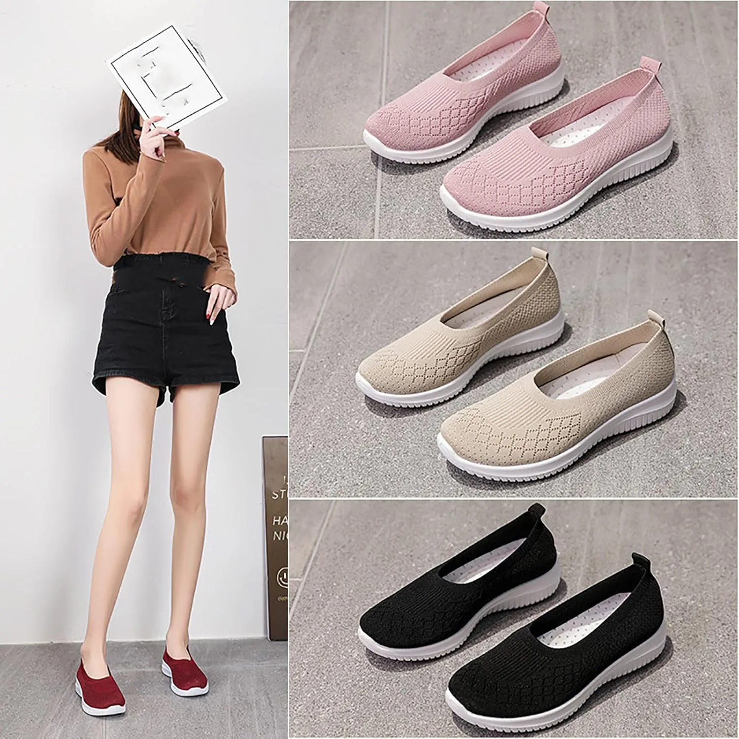 Women’s Knitted Flat Walking Shoes Comfortable Slip On Mesh Lightweight Low Heel Sneakers Casual Soft Gym Nurse Work Mom Loafers