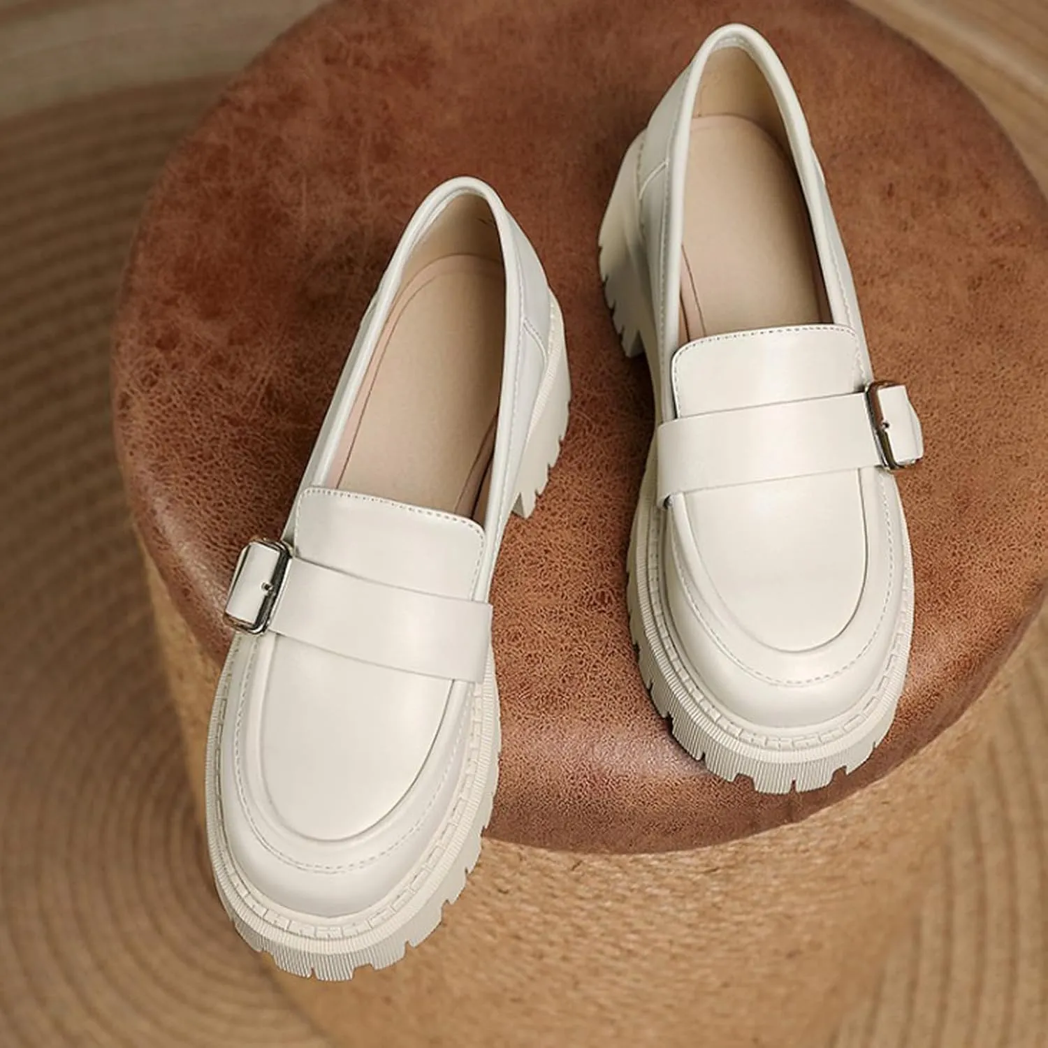 Women's Leather Chunky Lug Sole Monk Buckle Loafers Retro Round Toe Block-Heeled Comfortable Platform-Heightened Slip-On Casual Formal Shoes for Work,Parties,Dress