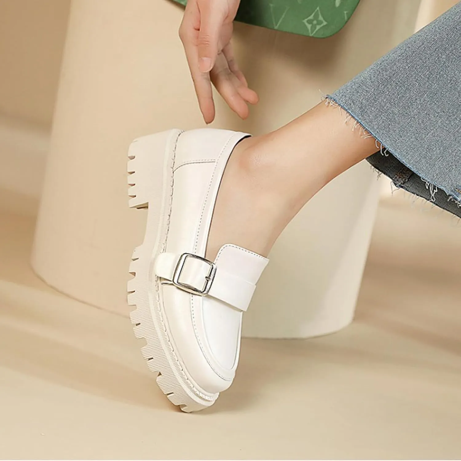 Women's Leather Chunky Lug Sole Monk Buckle Loafers Retro Round Toe Block-Heeled Comfortable Platform-Heightened Slip-On Casual Formal Shoes for Work,Parties,Dress