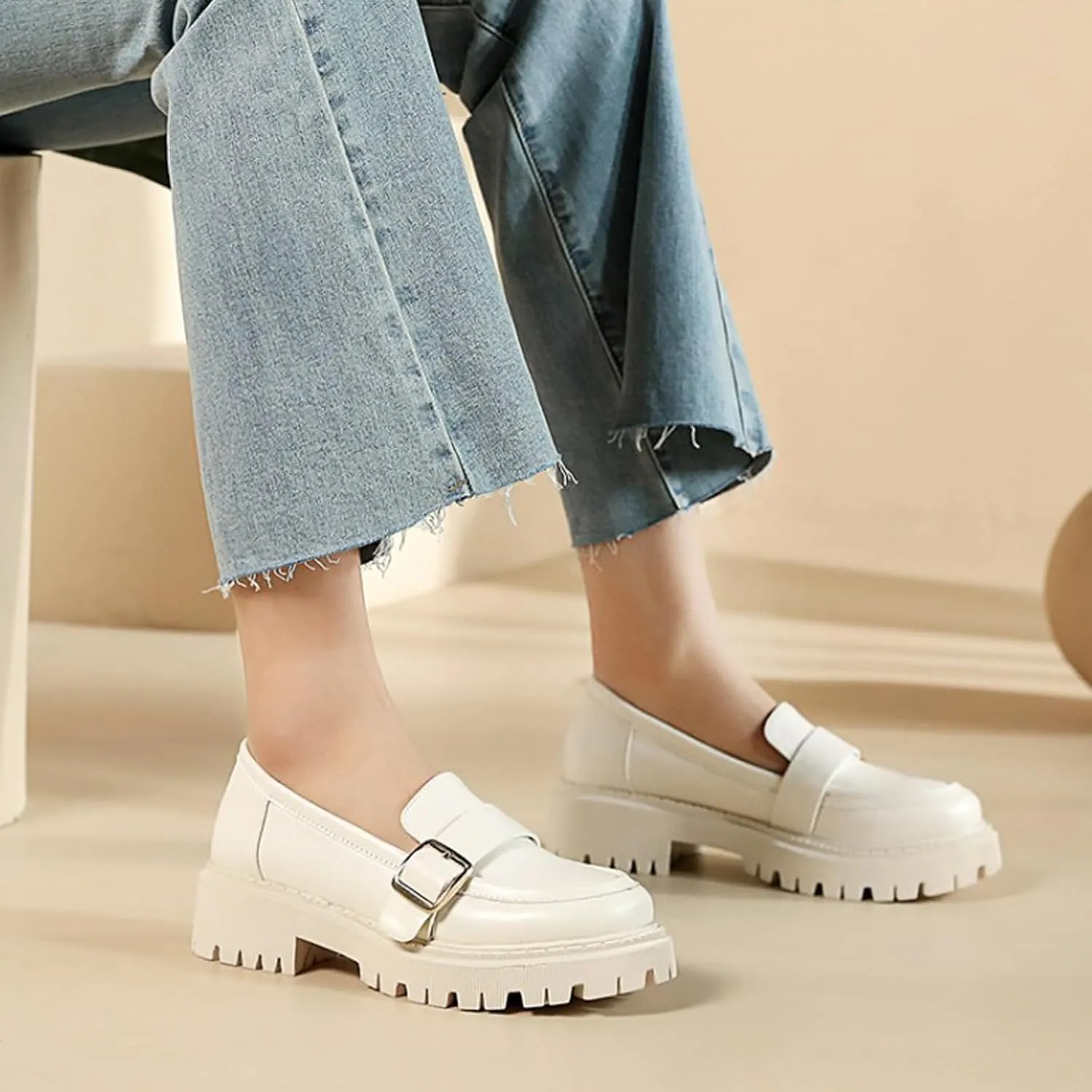 Women's Leather Chunky Lug Sole Monk Buckle Loafers Retro Round Toe Block-Heeled Comfortable Platform-Heightened Slip-On Casual Formal Shoes for Work,Parties,Dress
