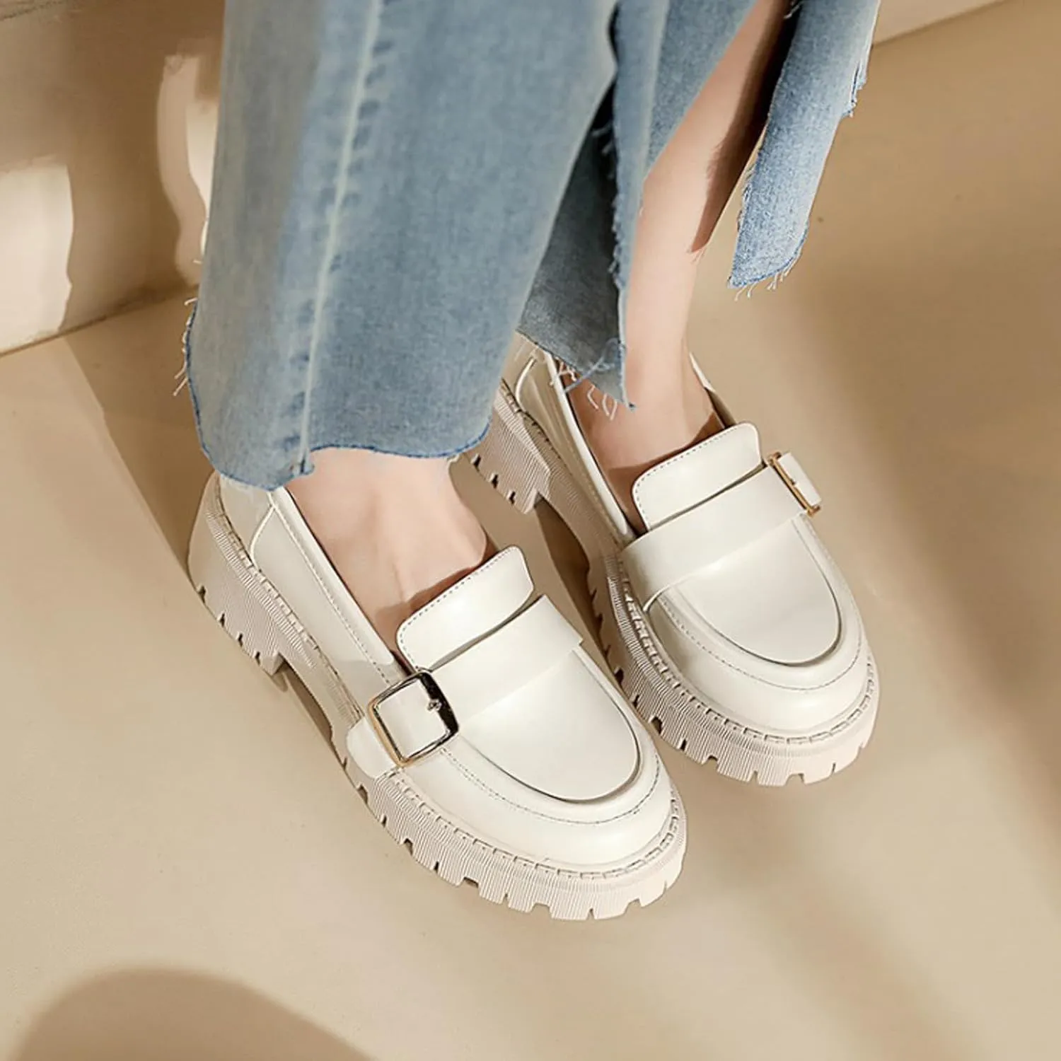 Women's Leather Chunky Lug Sole Monk Buckle Loafers Retro Round Toe Block-Heeled Comfortable Platform-Heightened Slip-On Casual Formal Shoes for Work,Parties,Dress