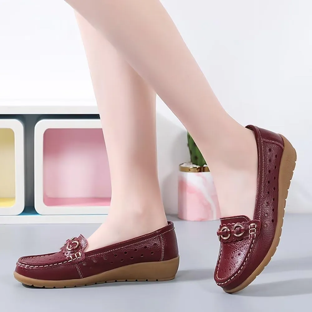 Women's Leather Classic Wedge Moccasins Slip-Ons Casual Walking Driving Cutout Breathable