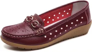 Women's Leather Classic Wedge Moccasins Slip-Ons Casual Walking Driving Cutout Breathable