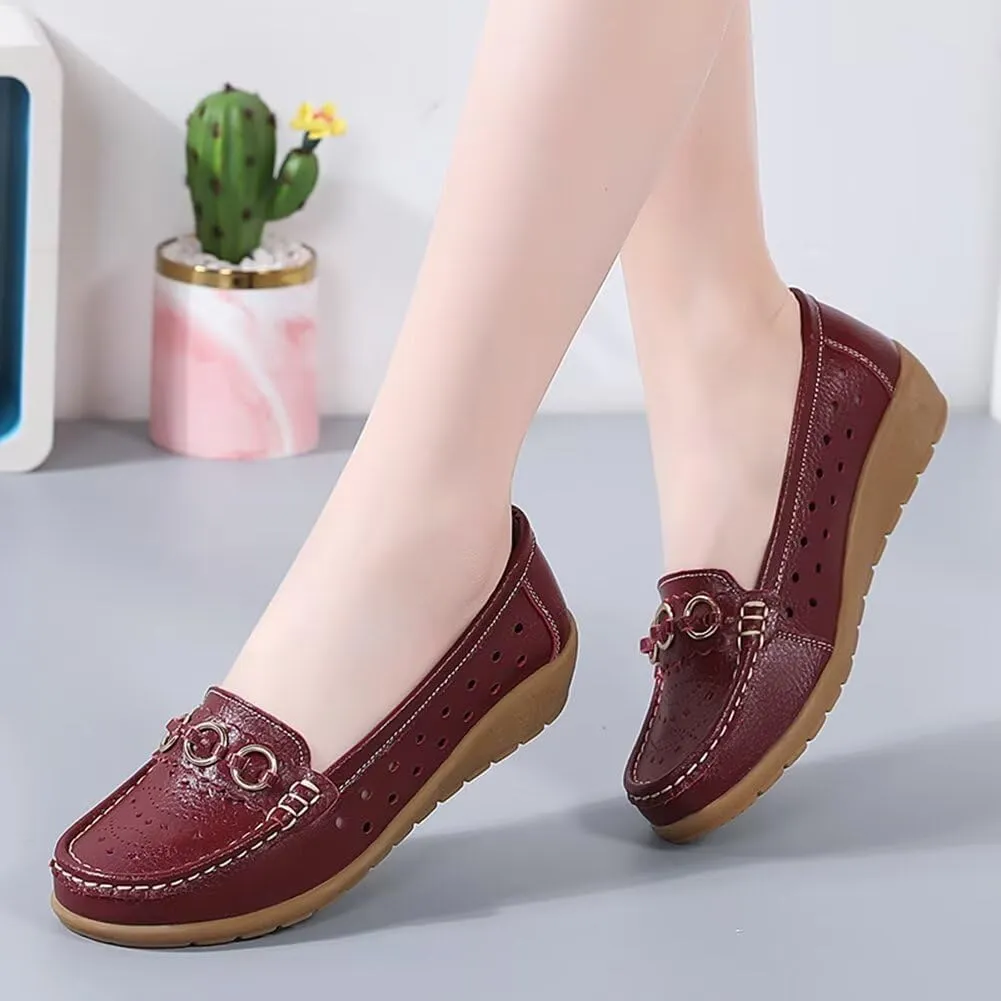 Women's Leather Classic Wedge Moccasins Slip-Ons Casual Walking Driving Cutout Breathable