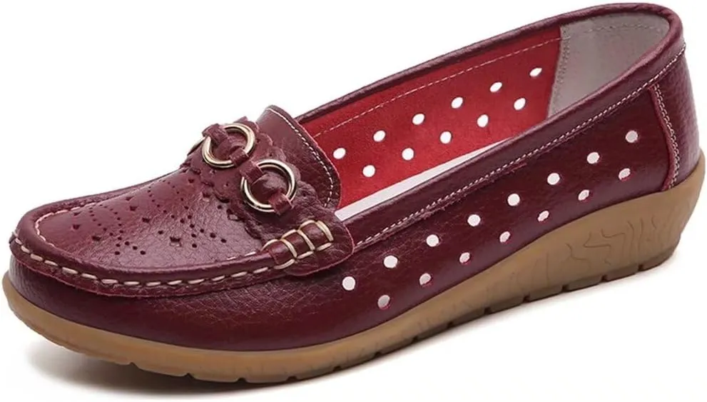 Women's Leather Classic Wedge Moccasins Slip-Ons Casual Walking Driving Cutout Breathable