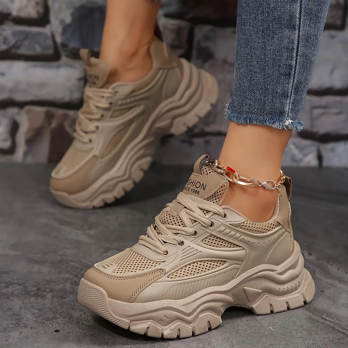 Women's Mesh Chunky Sneakers, Breathable Low Top Running Sports Shoes, Casual Outdoor Walking Trainers