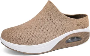 Women's Orthopedic Mule Clogs Closed Round Toe Stretch Knitted Platform Comfortable Breathable Air Cushion Walking Sliipers Open Back Wedge Heel Casual Mules Sneaker with Arch Support