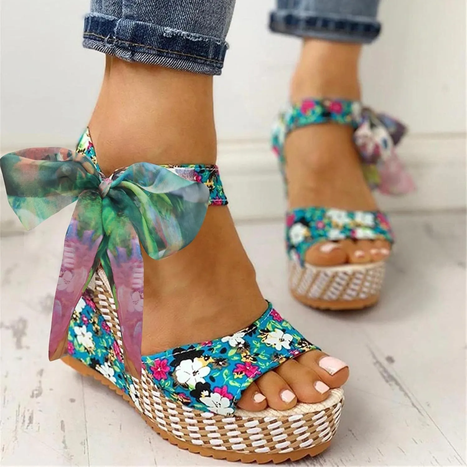Women's Platform Sandals Wedge Open Toe Ankle Strap Lace Wedding Bridesmaid Shoes Summer Bohemia Dressy Comfortable