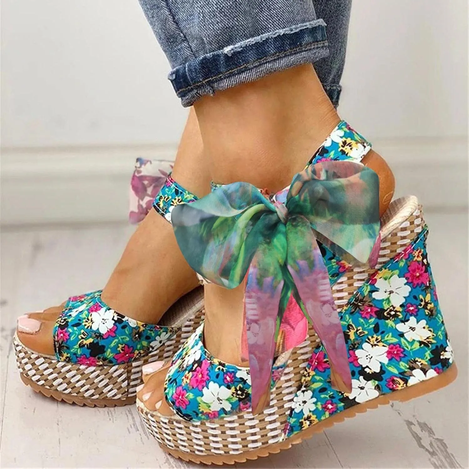 Women's Platform Sandals Wedge Open Toe Ankle Strap Lace Wedding Bridesmaid Shoes Summer Bohemia Dressy Comfortable