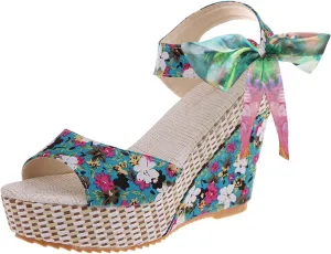 Women's Platform Sandals Wedge Open Toe Ankle Strap Lace Wedding Bridesmaid Shoes Summer Bohemia Dressy Comfortable