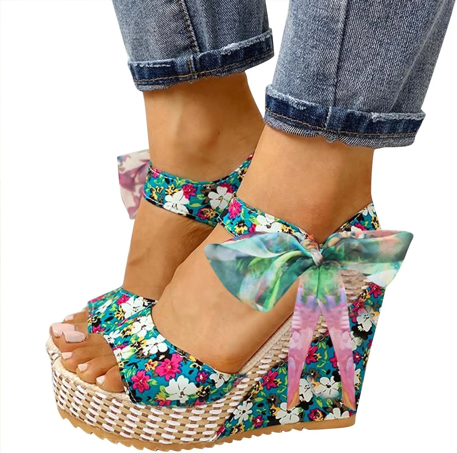 Women's Platform Sandals Wedge Open Toe Ankle Strap Lace Wedding Bridesmaid Shoes Summer Bohemia Dressy Comfortable
