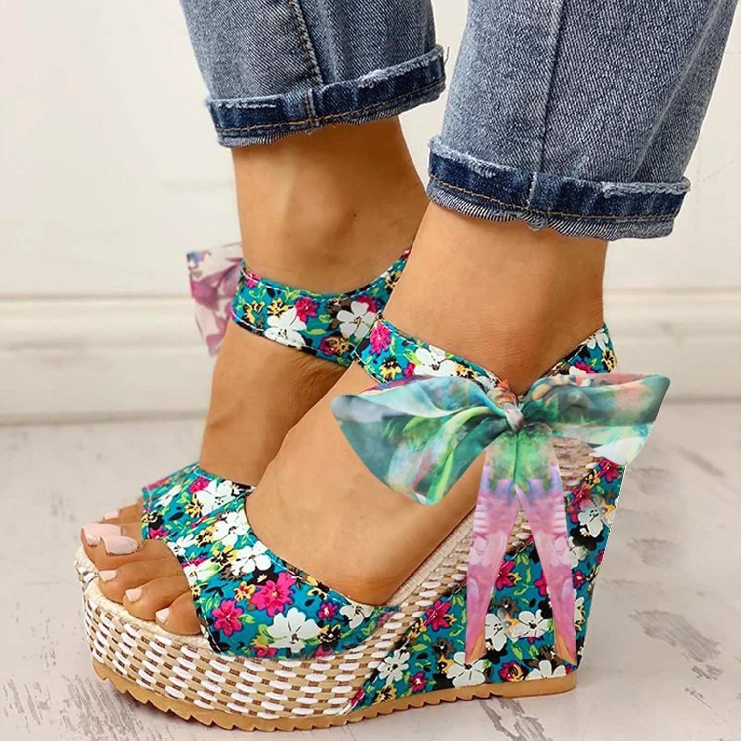 Women's Platform Sandals Wedge Open Toe Ankle Strap Lace Wedding Bridesmaid Shoes Summer Bohemia Dressy Comfortable