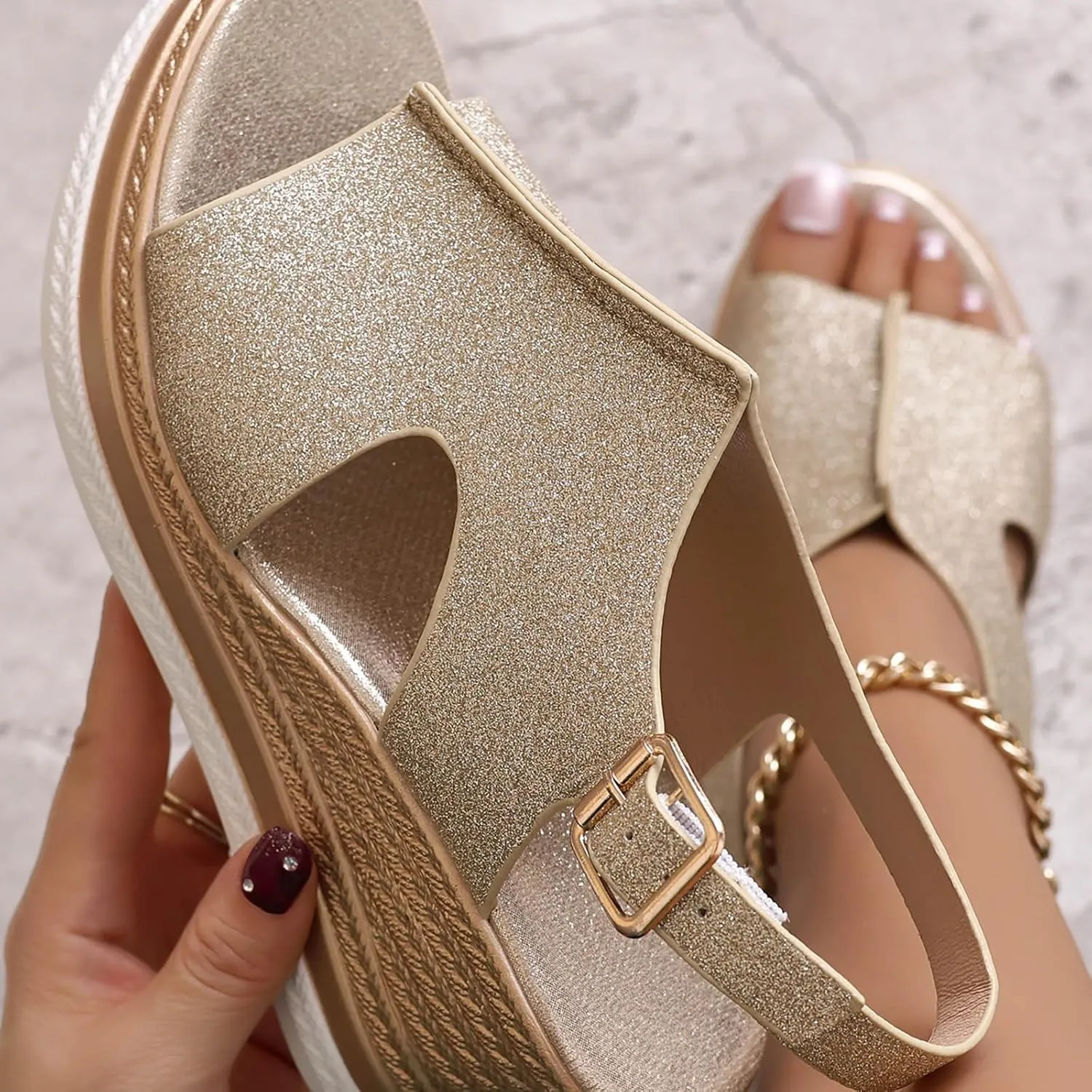 Women's Platform Wedge Sandals, Platform Wedge Sandals 2025 Summer Dressy Heels Bohemia Buckle Ankle Strap Wedge Sandal Comfortable Open-Toe Wedding Party Shoes