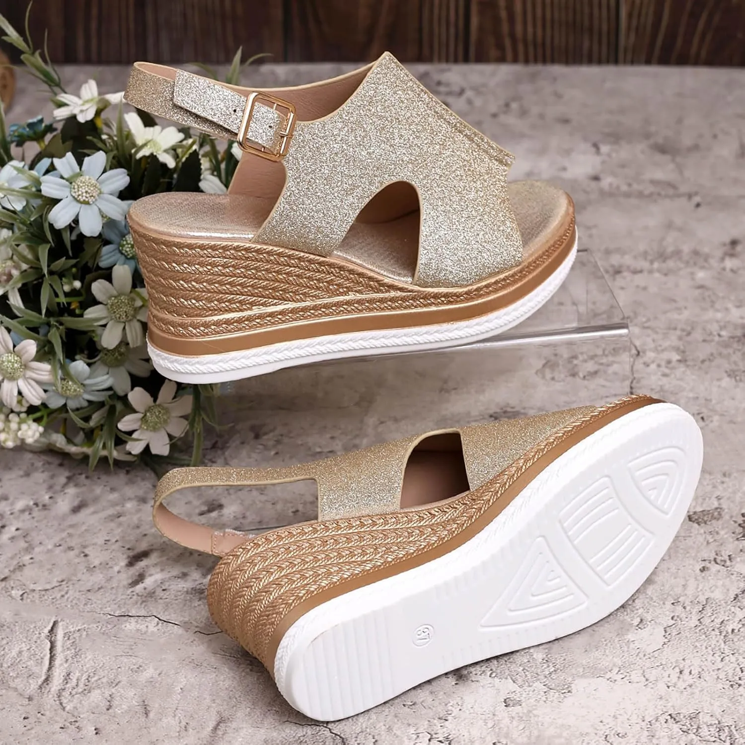Women's Platform Wedge Sandals, Platform Wedge Sandals 2025 Summer Dressy Heels Bohemia Buckle Ankle Strap Wedge Sandal Comfortable Open-Toe Wedding Party Shoes