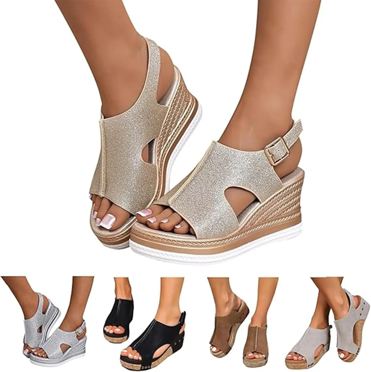 Women's Platform Wedge Sandals, Platform Wedge Sandals 2025 Summer Dressy Heels Bohemia Buckle Ankle Strap Wedge Sandal Comfortable Open-Toe Wedding Party Shoes