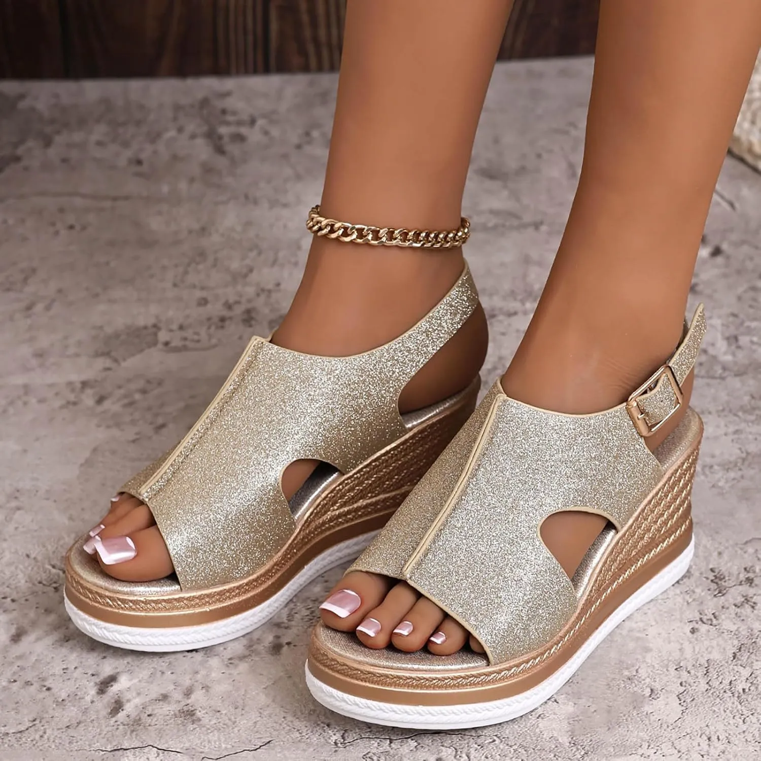 Women's Platform Wedge Sandals, Platform Wedge Sandals 2025 Summer Dressy Heels Bohemia Buckle Ankle Strap Wedge Sandal Comfortable Open-Toe Wedding Party Shoes