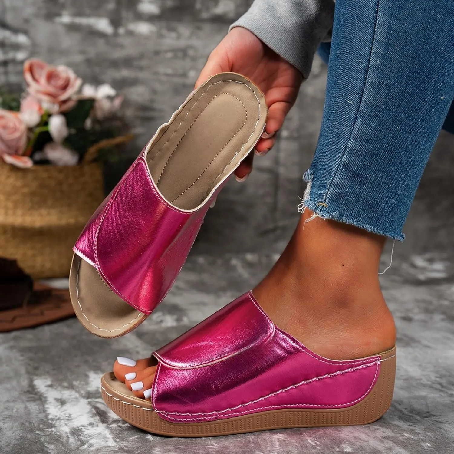 Women's Platform Wedge Sandals Slip On Peep Toe High Heel Sandal Comfortable Orthopedic Damping Sole Sandals Womens Dressy Summer Lightweight Flip Flops Casual Arch Support Walking Wedges Slippers