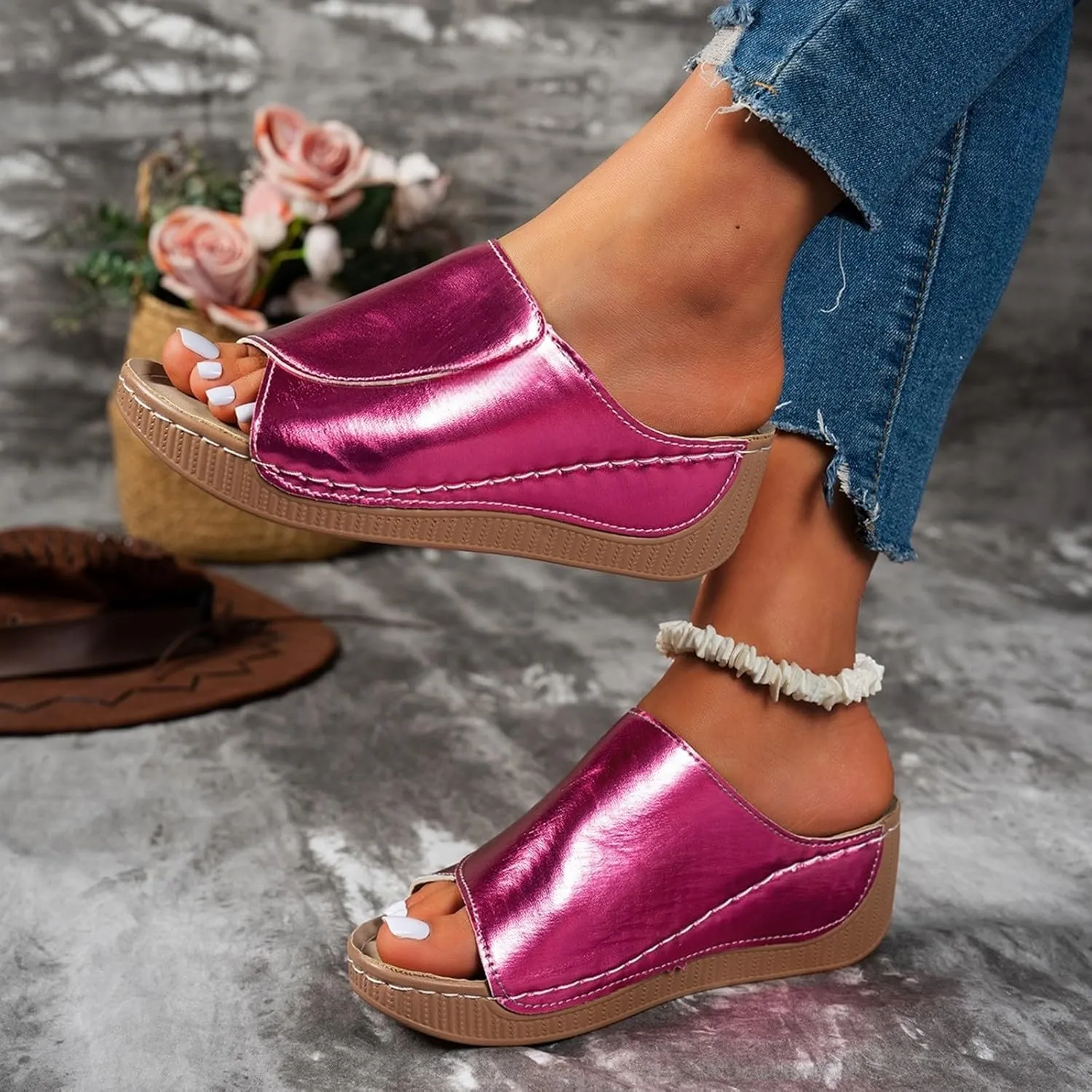 Women's Platform Wedge Sandals Slip On Peep Toe High Heel Sandal Comfortable Orthopedic Damping Sole Sandals Womens Dressy Summer Lightweight Flip Flops Casual Arch Support Walking Wedges Slippers