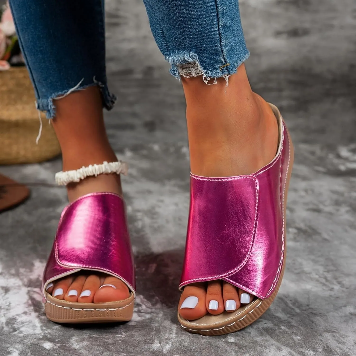 Women's Platform Wedge Sandals Slip On Peep Toe High Heel Sandal Comfortable Orthopedic Damping Sole Sandals Womens Dressy Summer Lightweight Flip Flops Casual Arch Support Walking Wedges Slippers