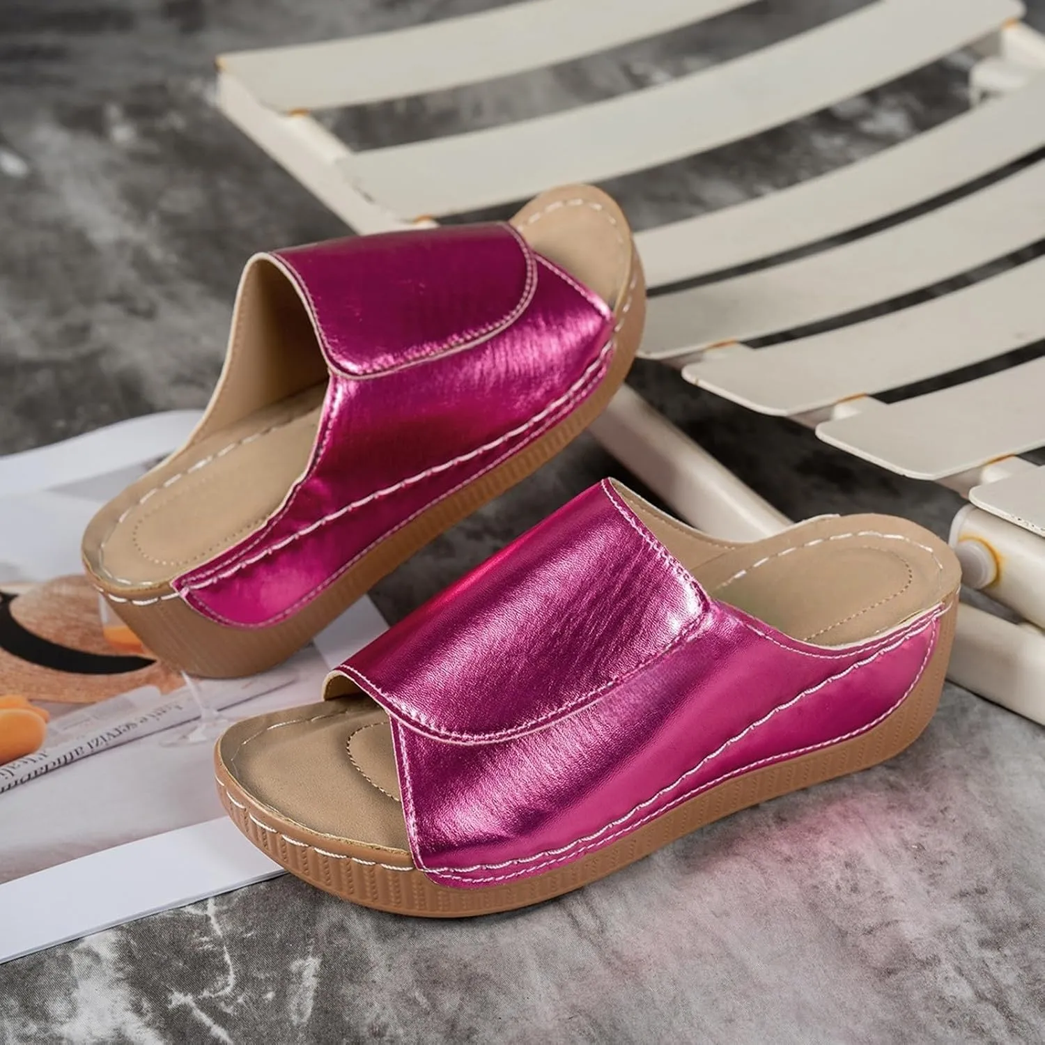 Women's Platform Wedge Sandals Slip On Peep Toe High Heel Sandal Comfortable Orthopedic Damping Sole Sandals Womens Dressy Summer Lightweight Flip Flops Casual Arch Support Walking Wedges Slippers