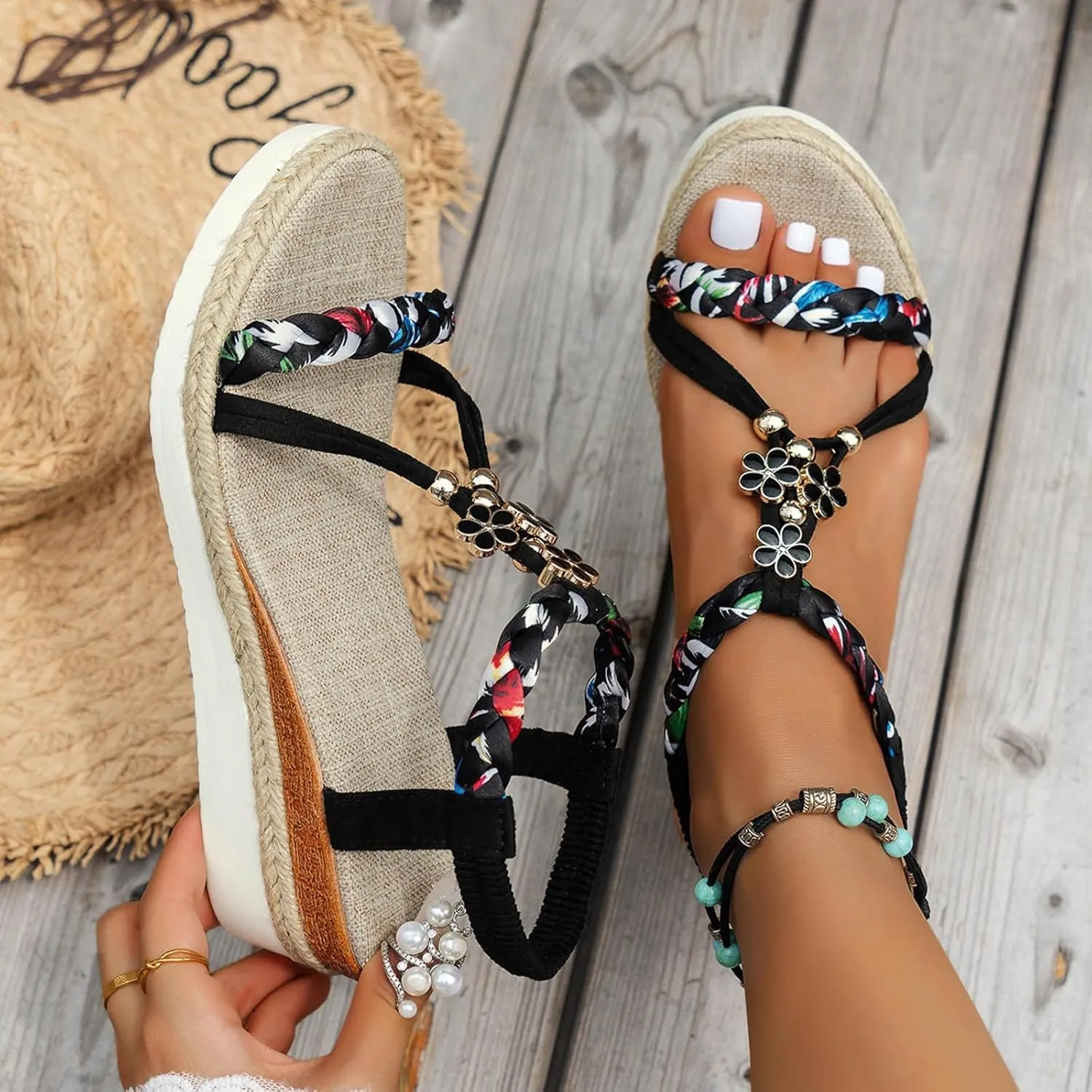 Women's Rhinestone Open Toe High Heel Roman Summer Platform Sandals Summer Low Wedges Comfortable Open Toe Sandals Elastic Ankle Strap Beach Walking Sandals
