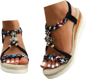 Women's Rhinestone Open Toe High Heel Roman Summer Platform Sandals Summer Low Wedges Comfortable Open Toe Sandals Elastic Ankle Strap Beach Walking Sandals