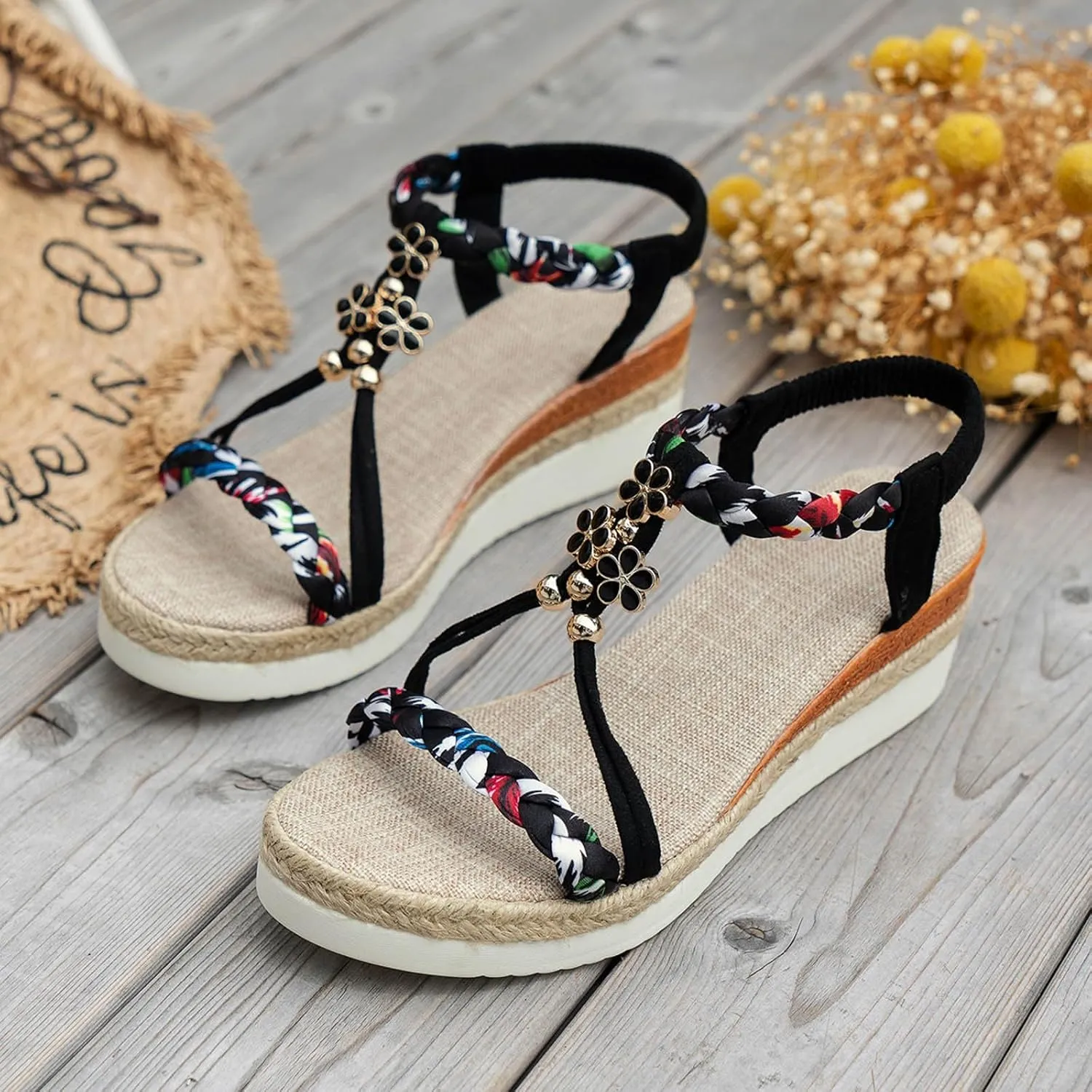 Women's Rhinestone Open Toe High Heel Roman Summer Platform Sandals Summer Low Wedges Comfortable Open Toe Sandals Elastic Ankle Strap Beach Walking Sandals
