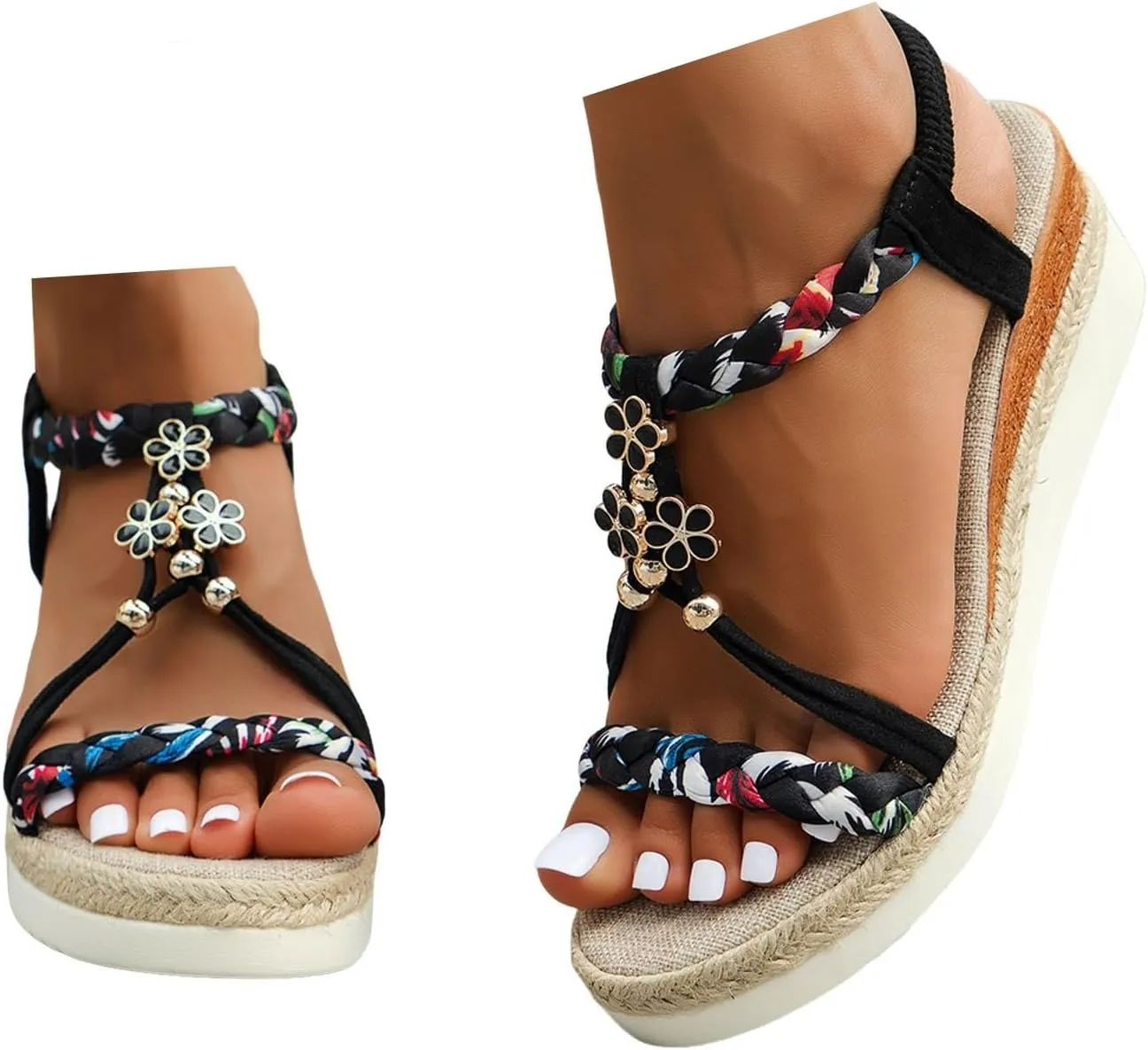 Women's Rhinestone Open Toe High Heel Roman Summer Platform Sandals Summer Low Wedges Comfortable Open Toe Sandals Elastic Ankle Strap Beach Walking Sandals