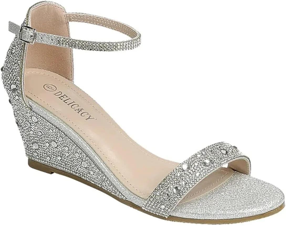 Women's Rhinestone Open Toe Low Wedge ankle strap Sandal