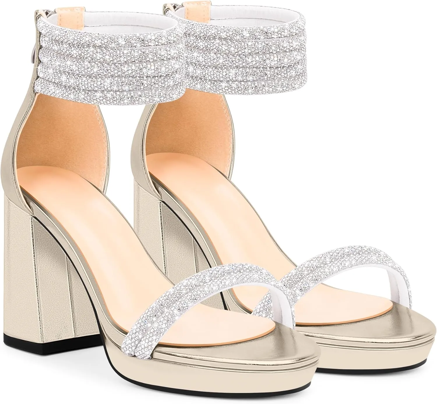 Women's Rhinestone Platform Chunky High Heeled Sandals Open Toe Ankle Strap Sexy Wedding Dress Shoes