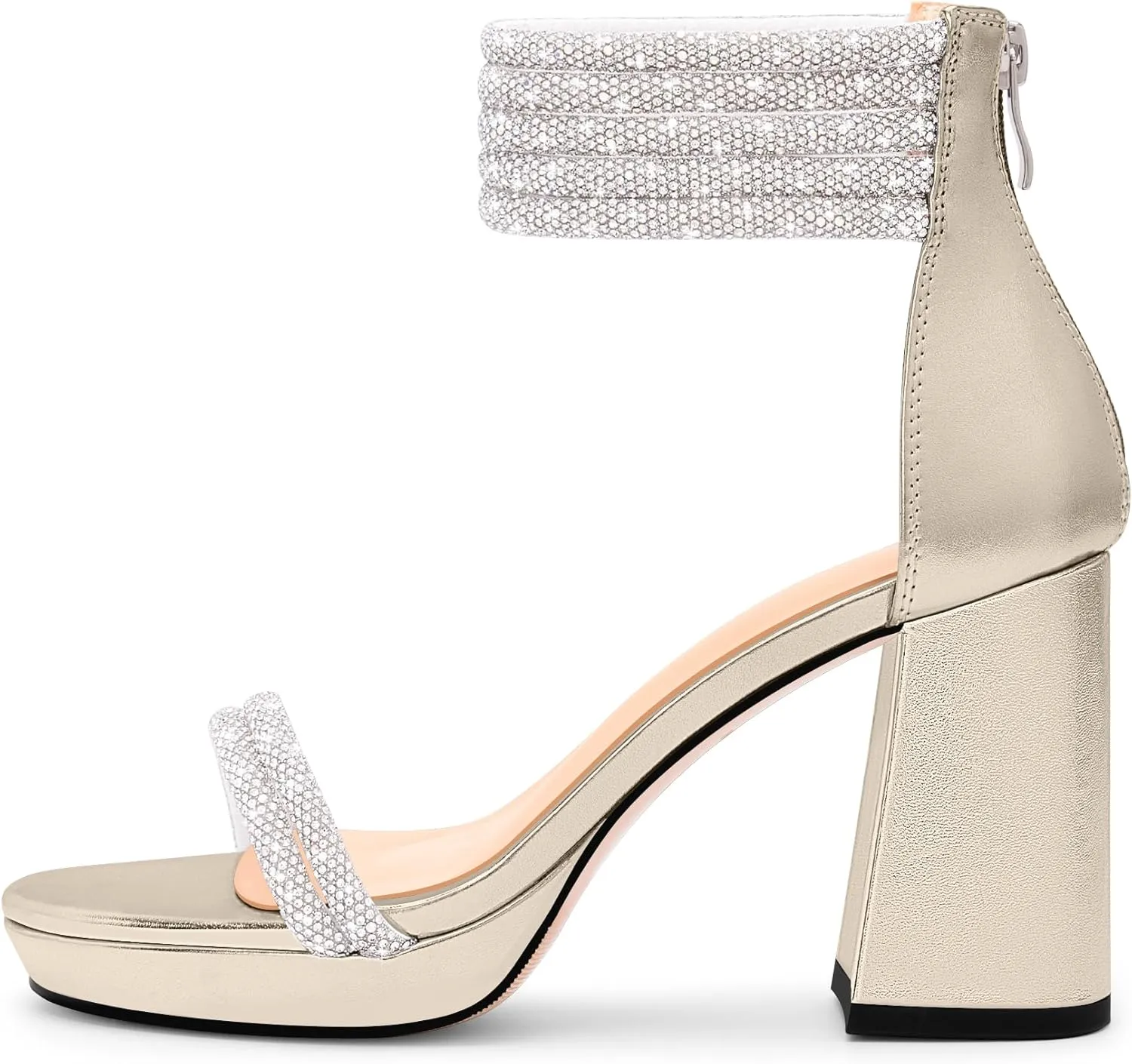 Women's Rhinestone Platform Chunky High Heeled Sandals Open Toe Ankle Strap Sexy Wedding Dress Shoes