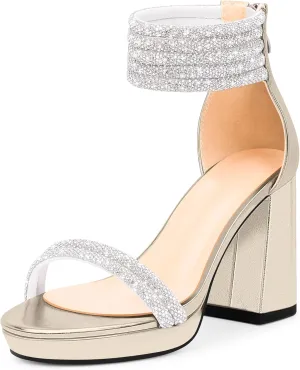 Women's Rhinestone Platform Chunky High Heeled Sandals Open Toe Ankle Strap Sexy Wedding Dress Shoes