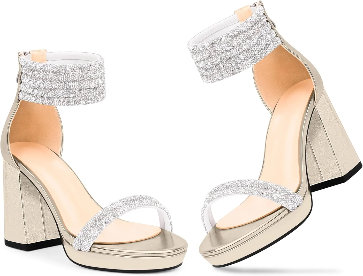 Women's Rhinestone Platform Chunky High Heeled Sandals Open Toe Ankle Strap Sexy Wedding Dress Shoes
