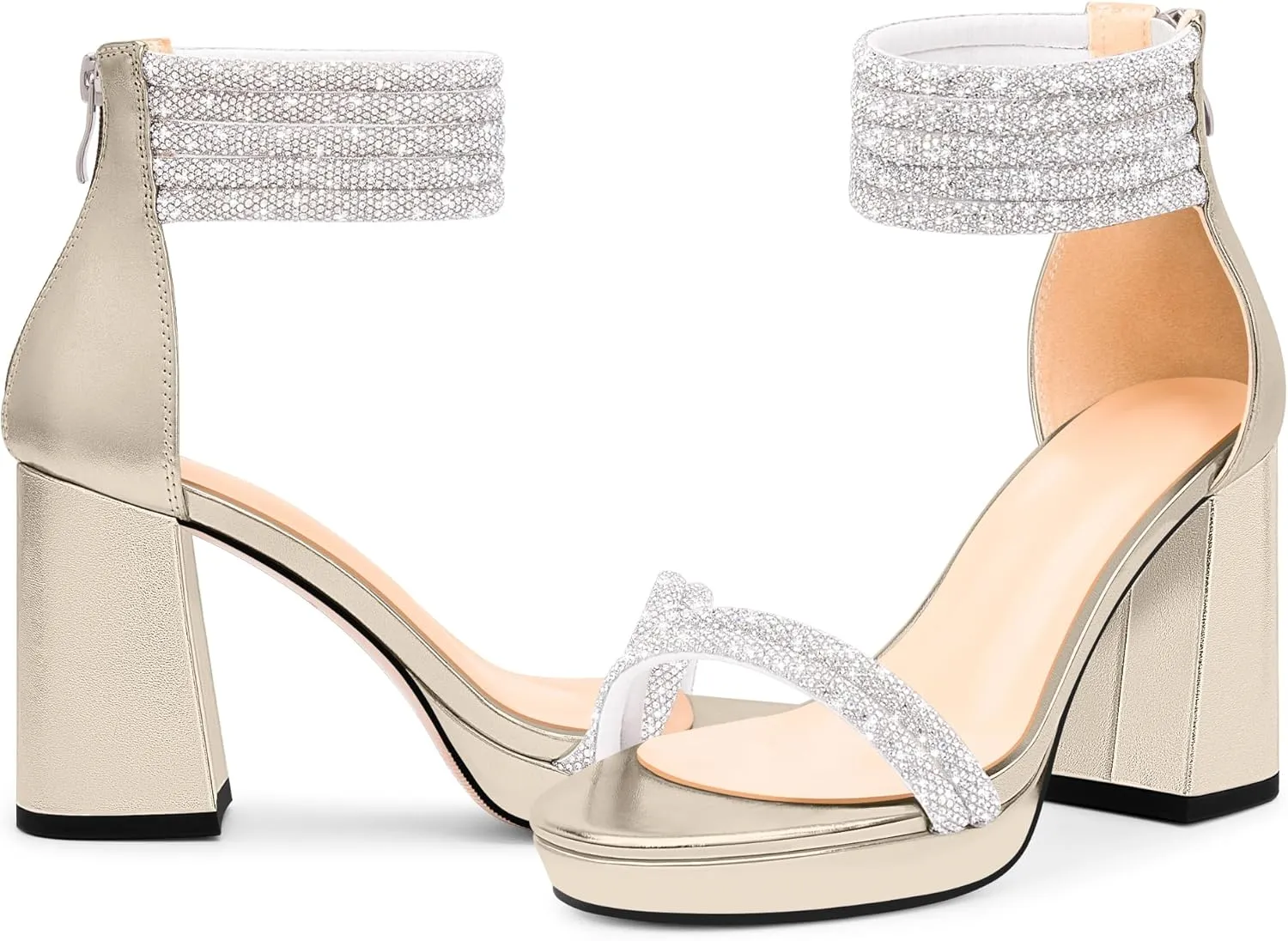 Women's Rhinestone Platform Chunky High Heeled Sandals Open Toe Ankle Strap Sexy Wedding Dress Shoes
